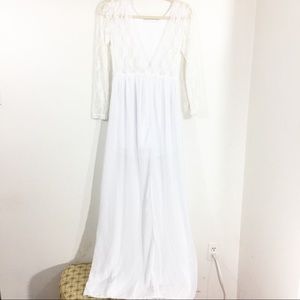 V Neck White Maxi Dress